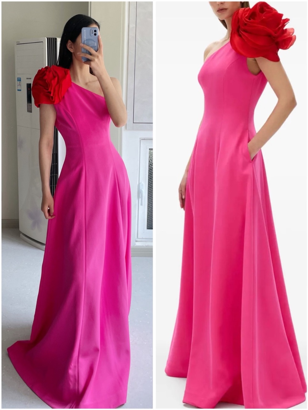 NWOT Rachel Gilbert One-Shoulder Hot Pink Evening Gown, Size US 4/6